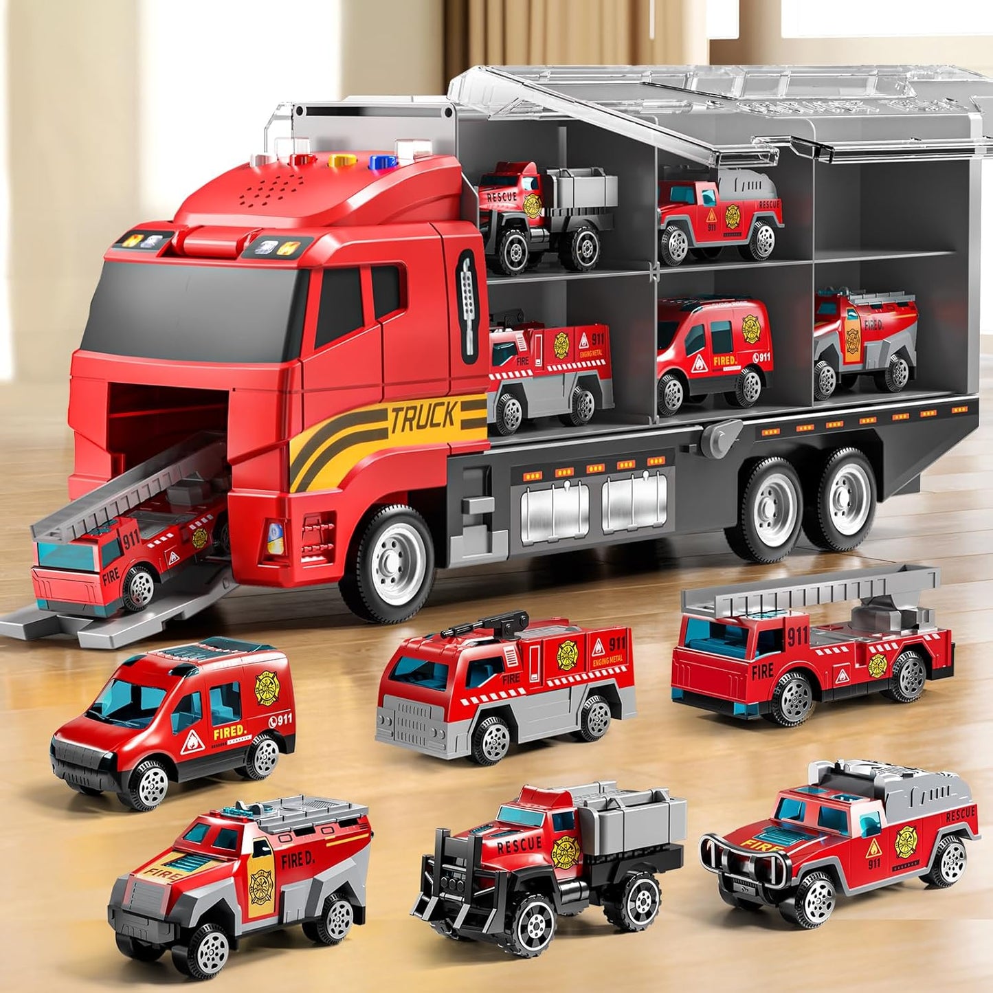 Fire Truck Vehicle Set for Toddlers with Play Mat and Cars