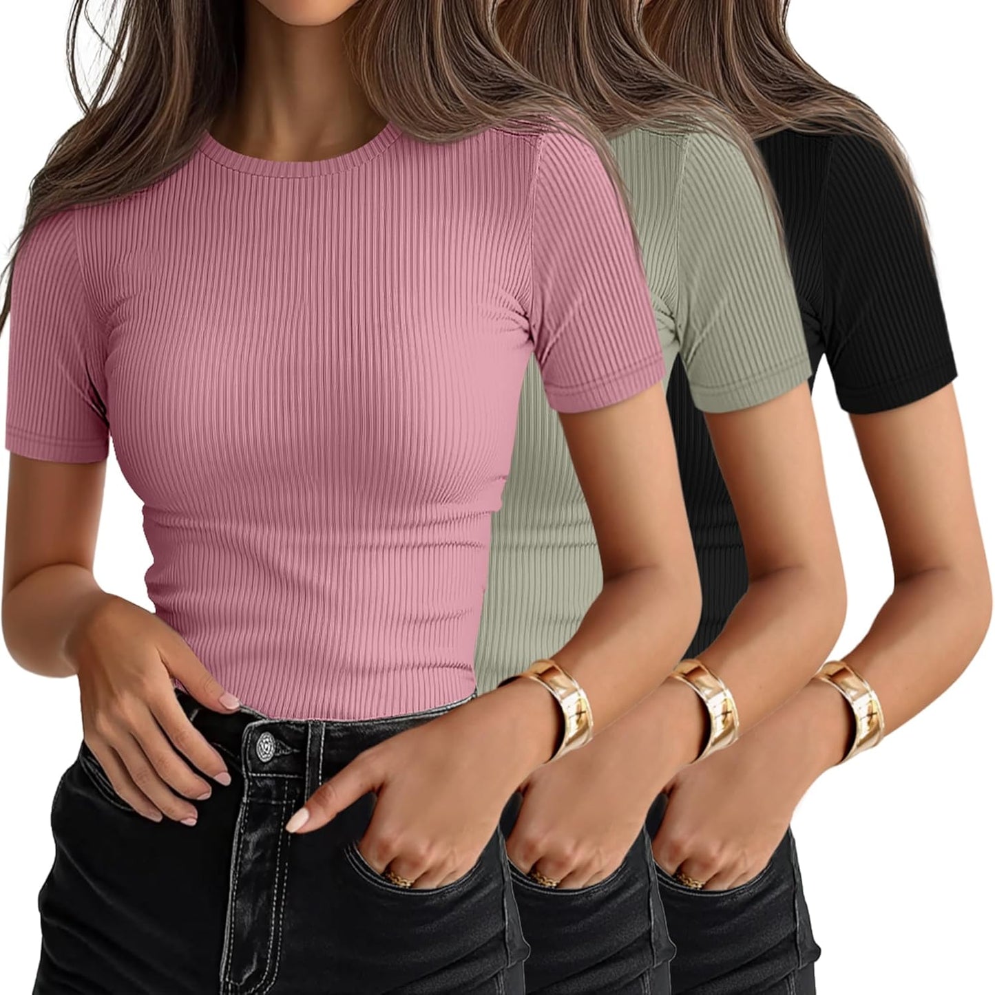 Ficerd 3 Pack Women's Ribbed T-Shirts for Casual Summer Style