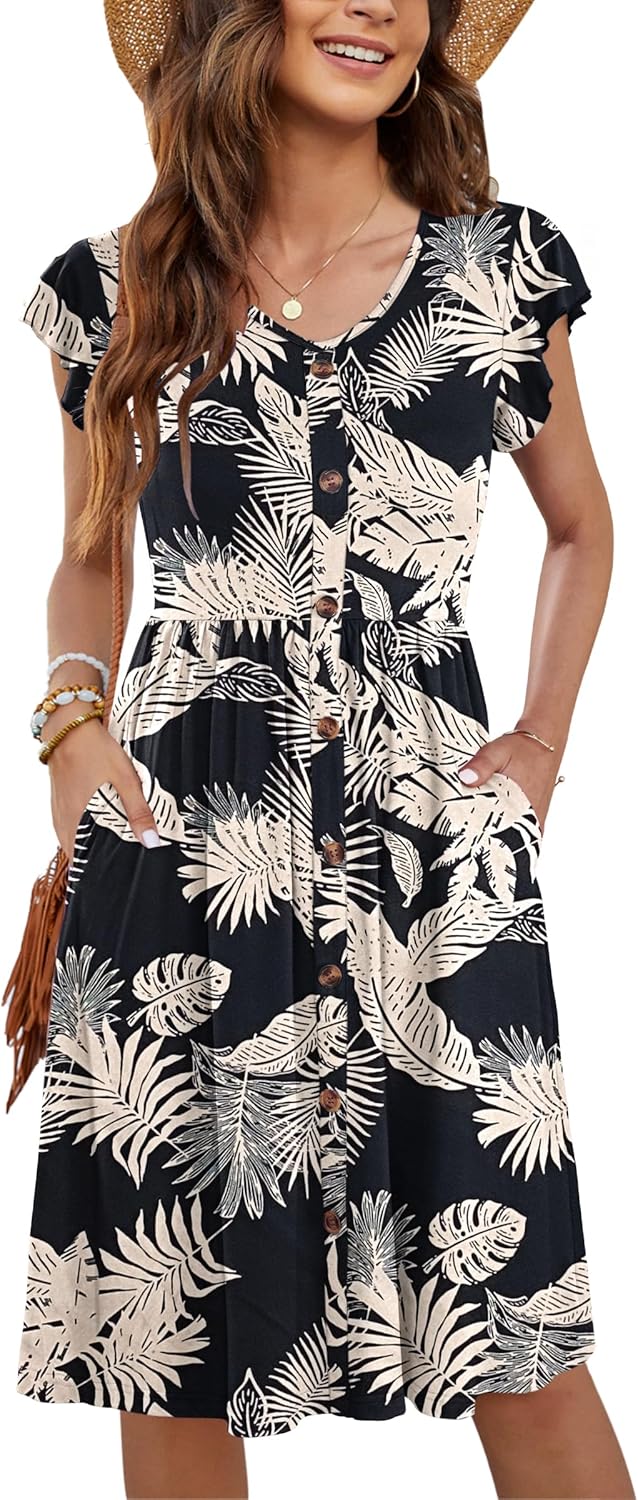 WNEEDU Women Summer Dresses Casual Loose Swing Midi Dress