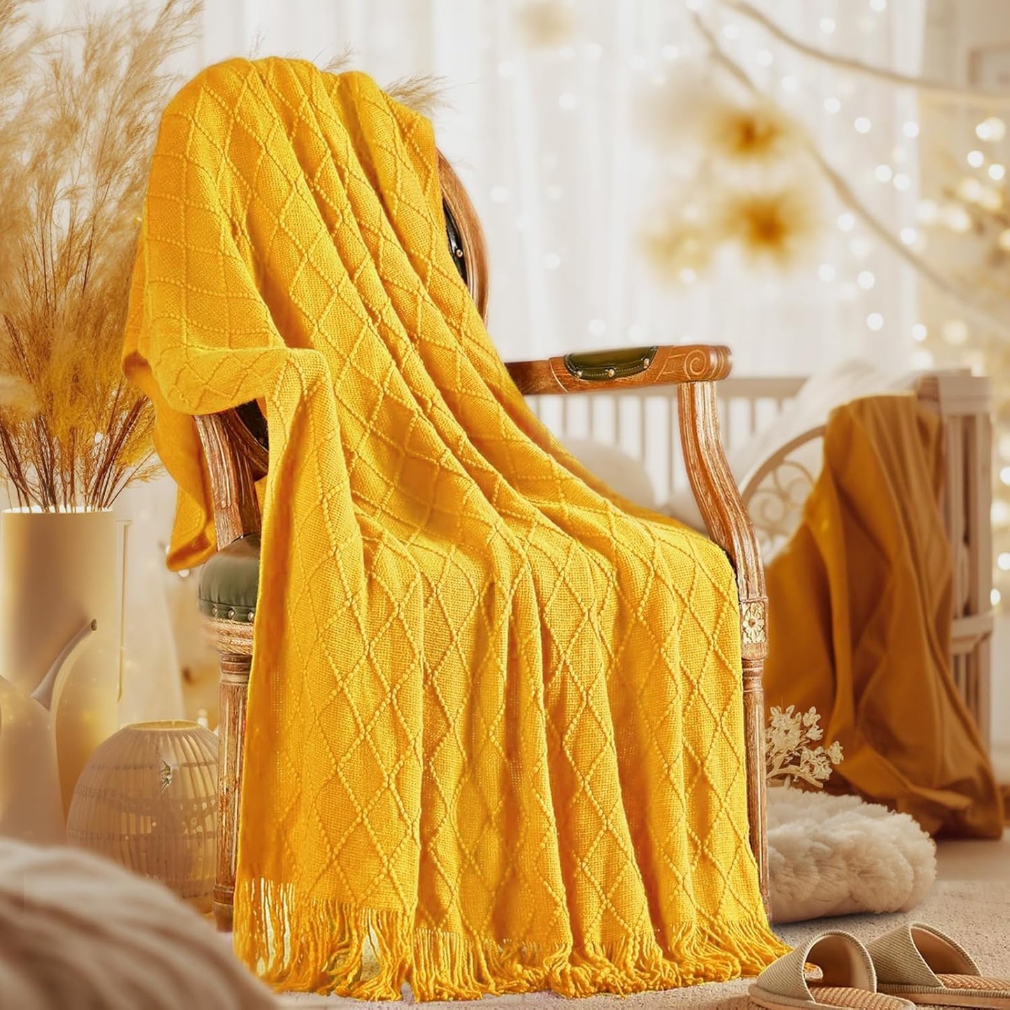 Knitted Fall Throw Blanket for Couch and Bed, Mustard Yellow