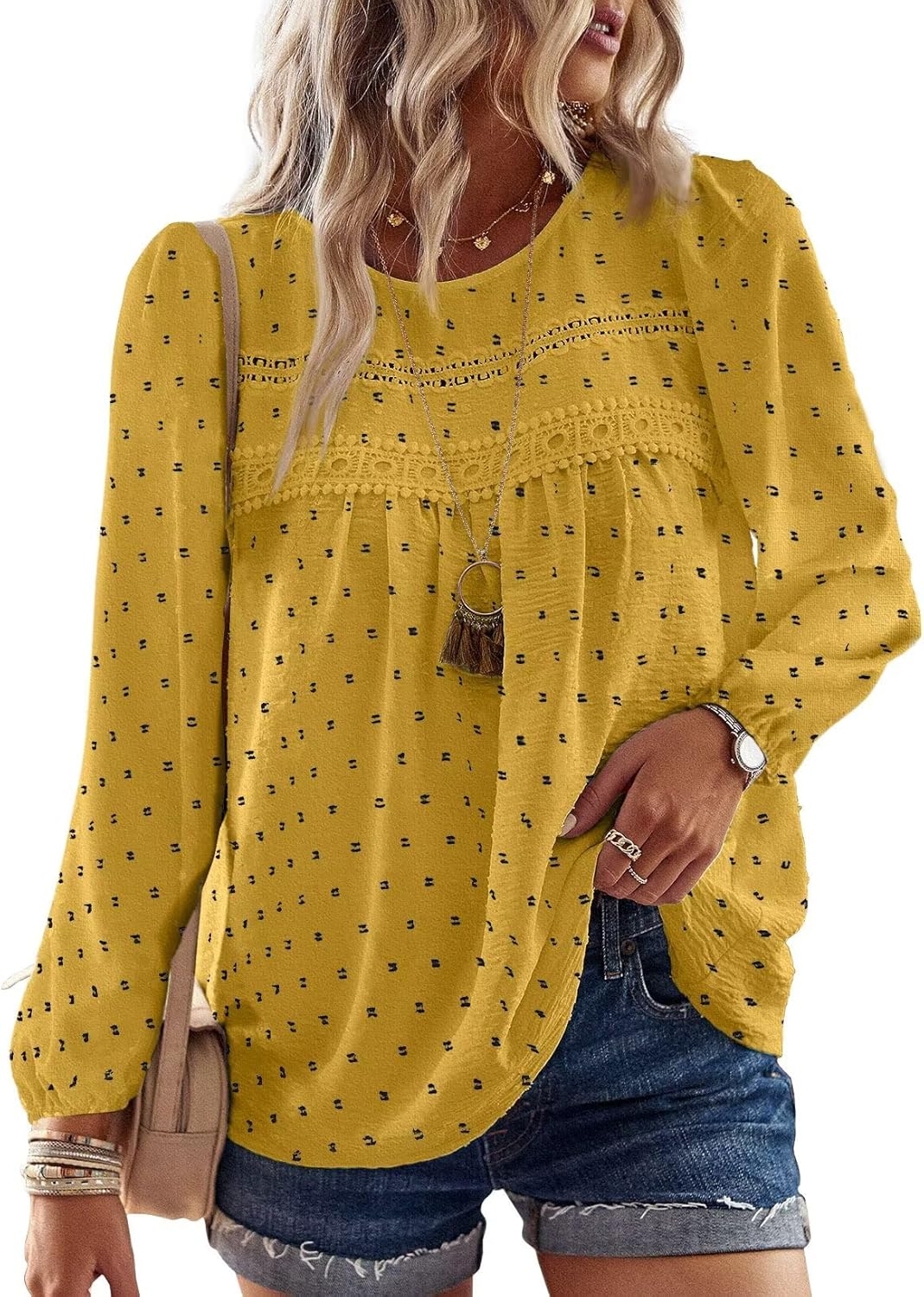 Womens Fall Tops Crewneck Long Sleeve Casual Chiffon Blouses