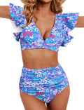 Women High Waisted Ruffle Bikini Set - Tropical Print Tummy Control