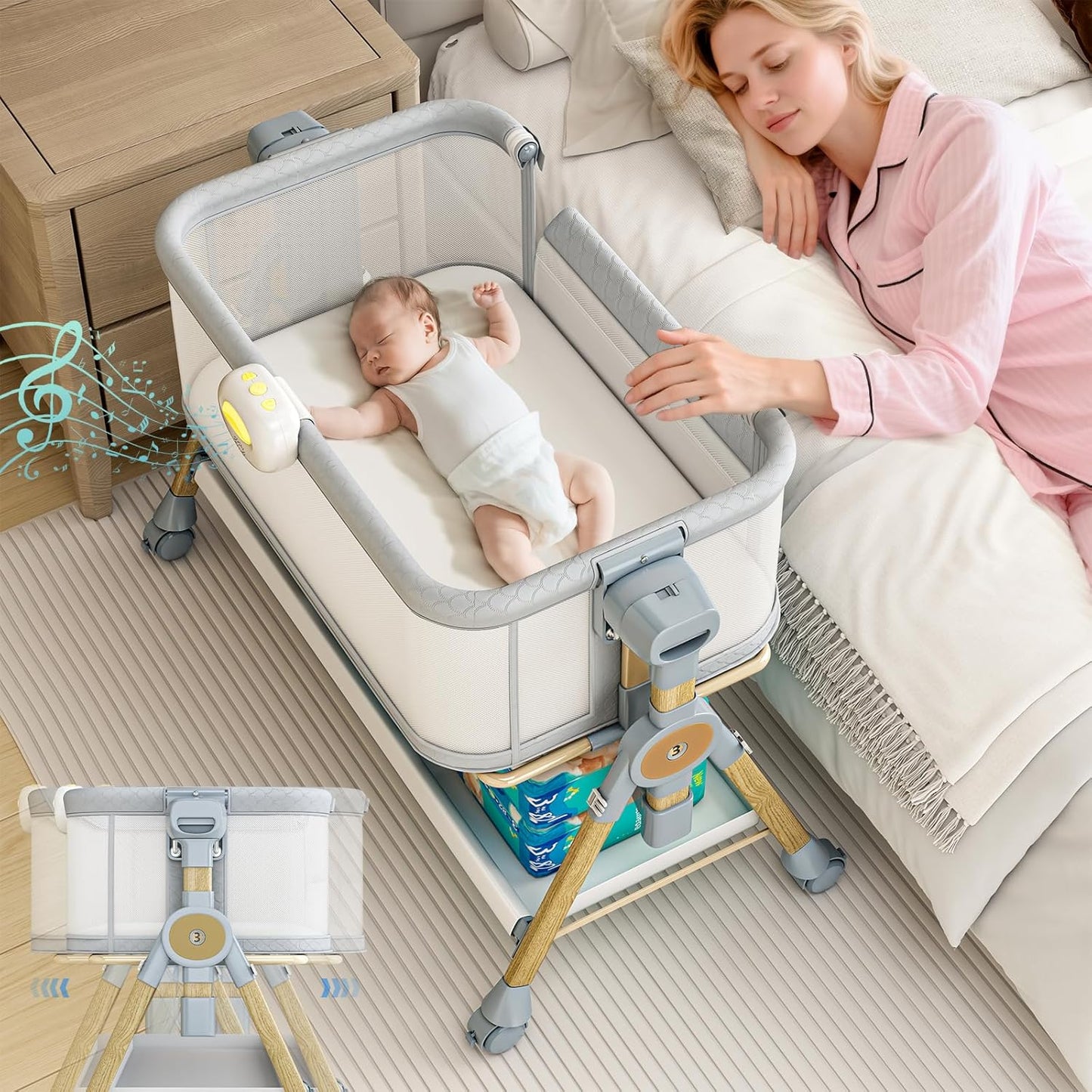 3 in 1 Baby Bassinet Bedside Sleeper with Rocking Functionality
