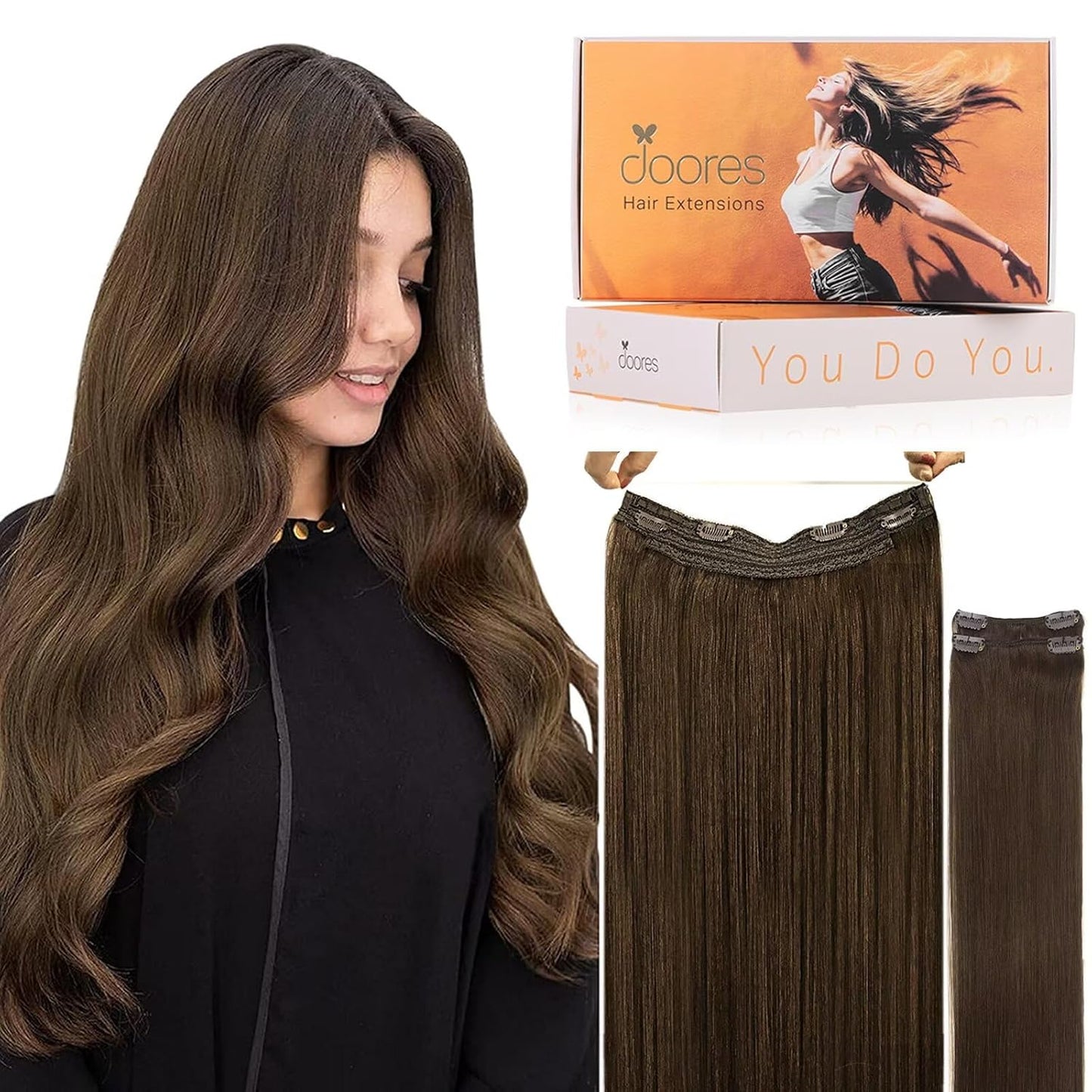 DOORES Wire Hair Extensions for Volume and Length in Chocolate Brown