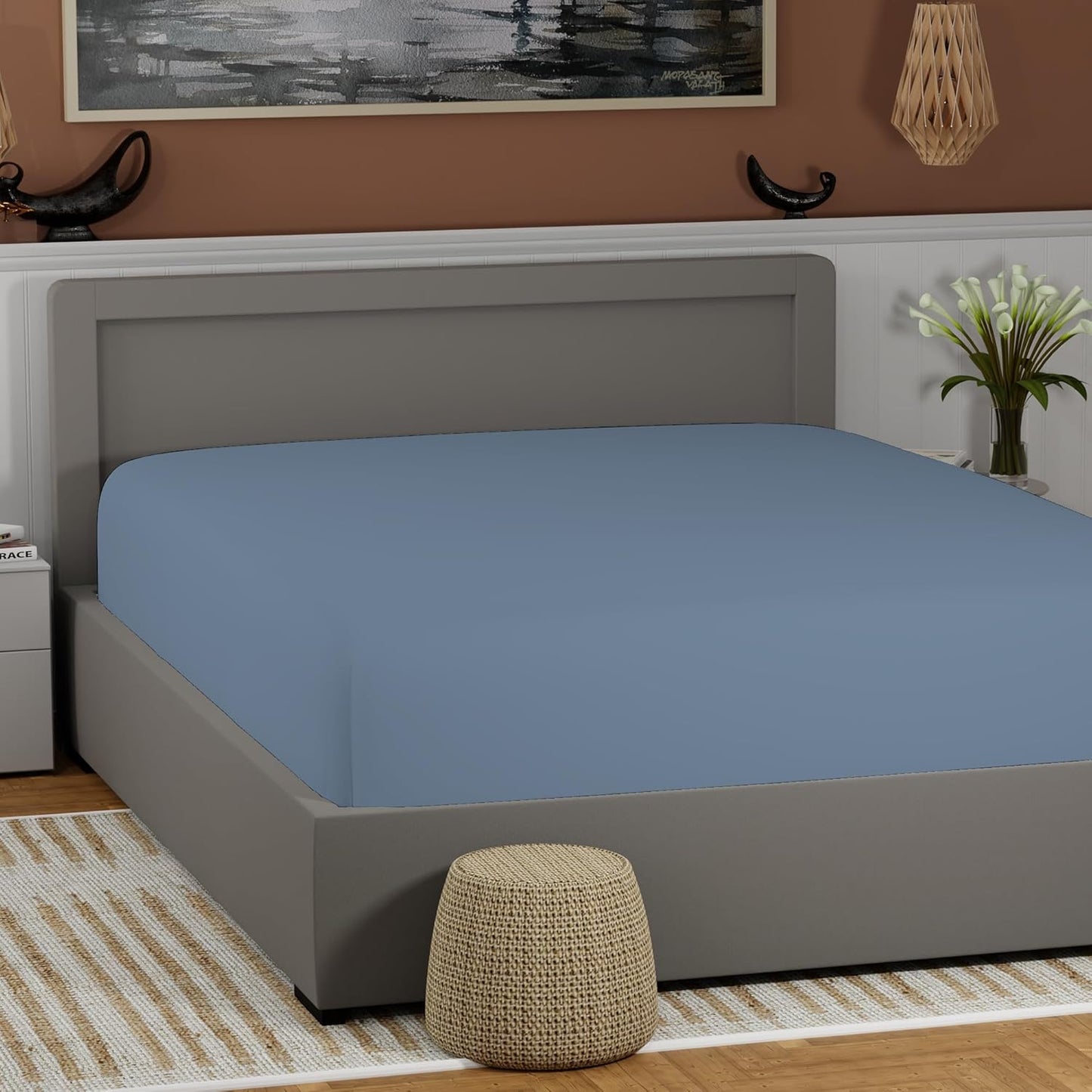 100% Cotton Bluish Gray King Size Fitted Sheet for Comfort