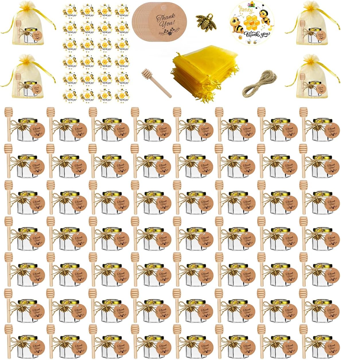 60 Pack 1.5 oz Hexagon Mini Glass Honey Jars with Dippers