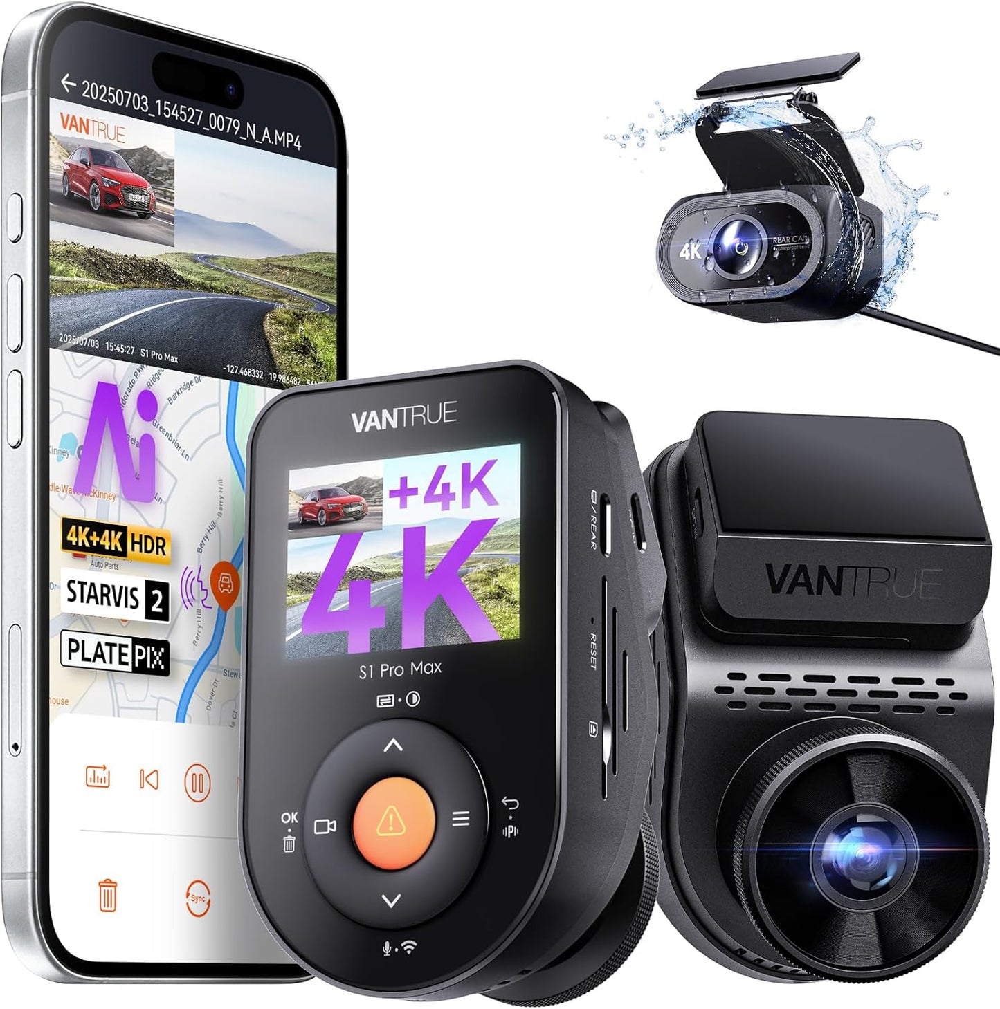 Vantrue S1 Pro Max AI Dash Cam 4K+4K with Dual STARVIS 2