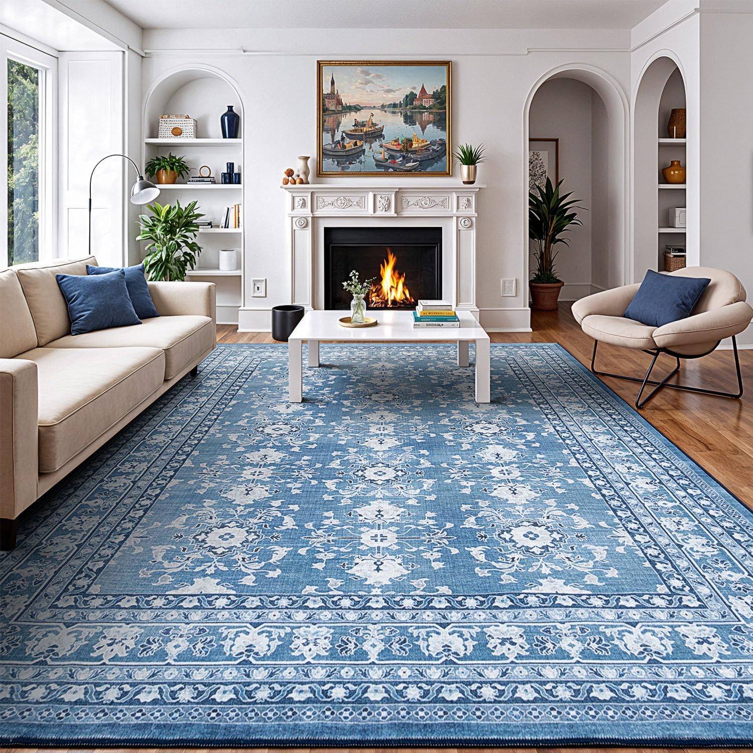 Vintage Blue Floral Area Rug for Living Room, Soft & Washable