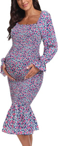 Spring Long Puff Sleeve Maternity Dress Floral Midi - Empire Waist