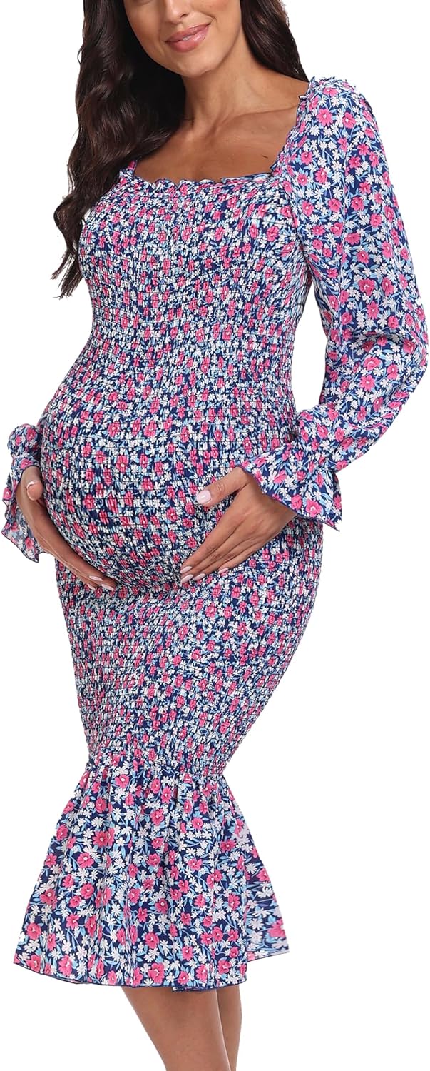 Spring Long Puff Sleeve Maternity Dress for Baby Showers