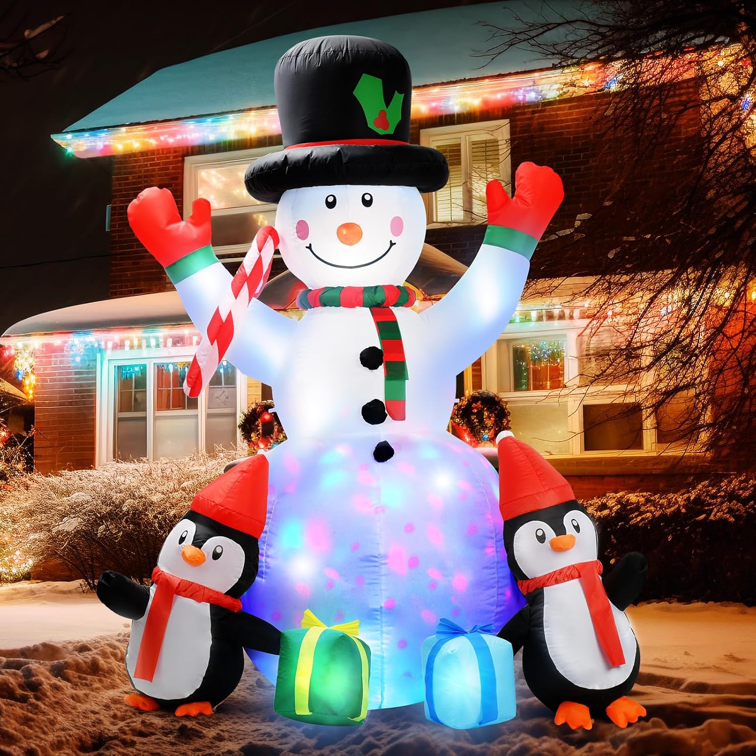 6ft Christmas Inflatables Snowman with Penguins and LED Lights