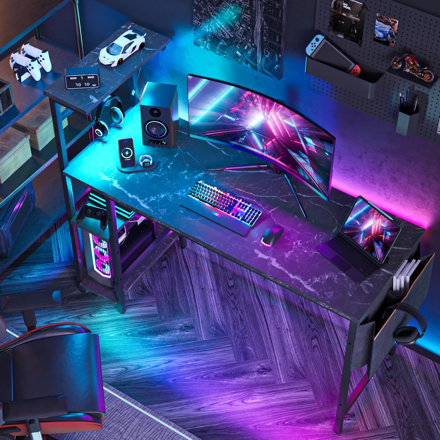 Bestier Gaming Desk with LED Lights and Reversible Shelves