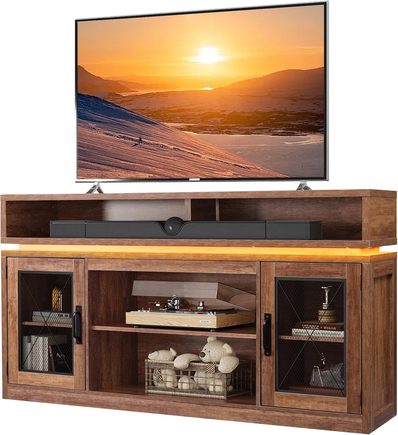 Rustic Brown TV Stand with LED Lights - Fits 65 TV