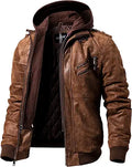 Men's Brown Genuine Leather Motorcycle Jacket with Detachable Hood