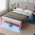 Full Size Bed Frame with Headboard and LED Lights - Pink