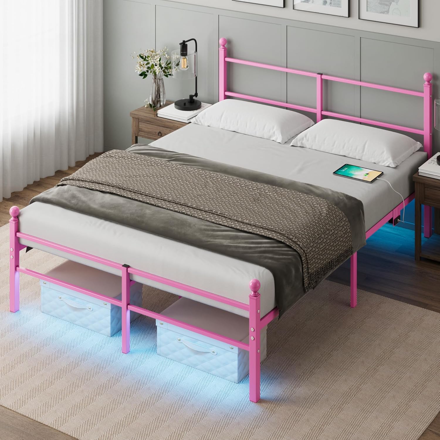 Full Size Bed Frame with LED Lights and Under Bed Storage