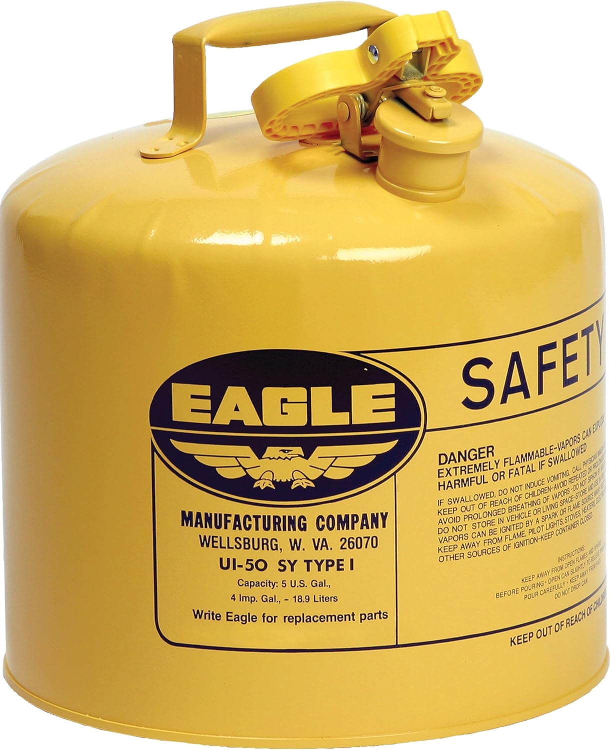 Eagle 5 Gallon Type I Yellow Safety Gas Can for Diesel Storage