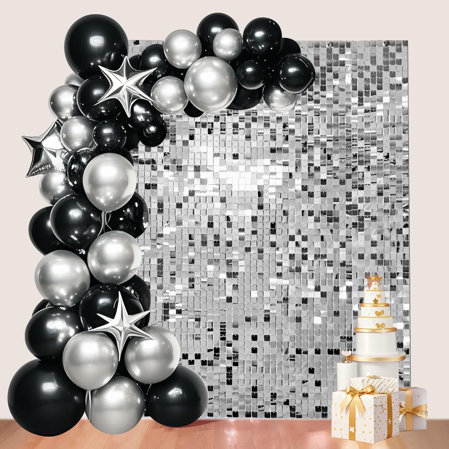 24 Pcs Silver Shimmer Wall Backdrop Panels for Party Decoration
