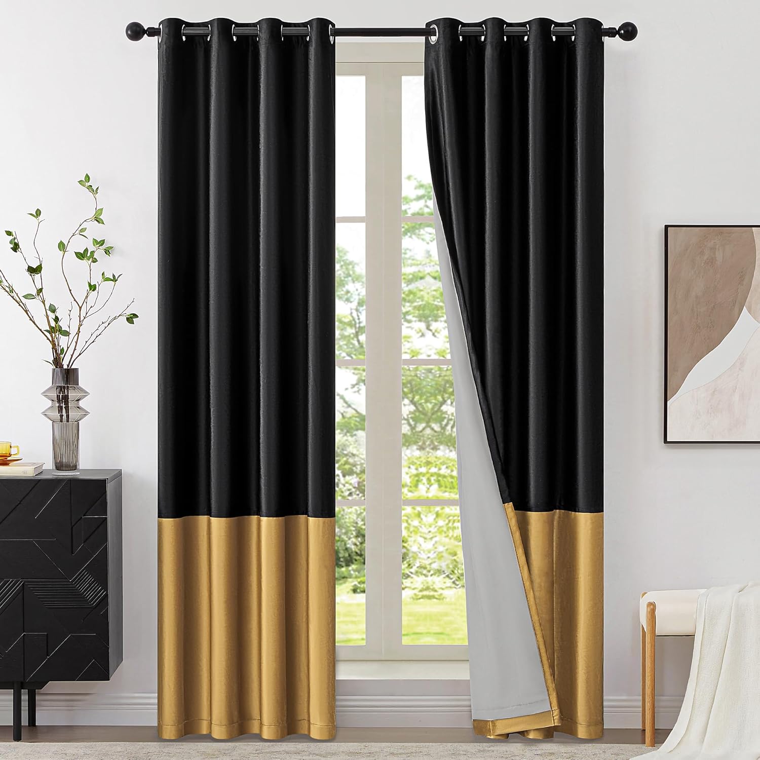 BULBUL Black Gold 100% Full Blackout Velvet Curtains - Set of 2