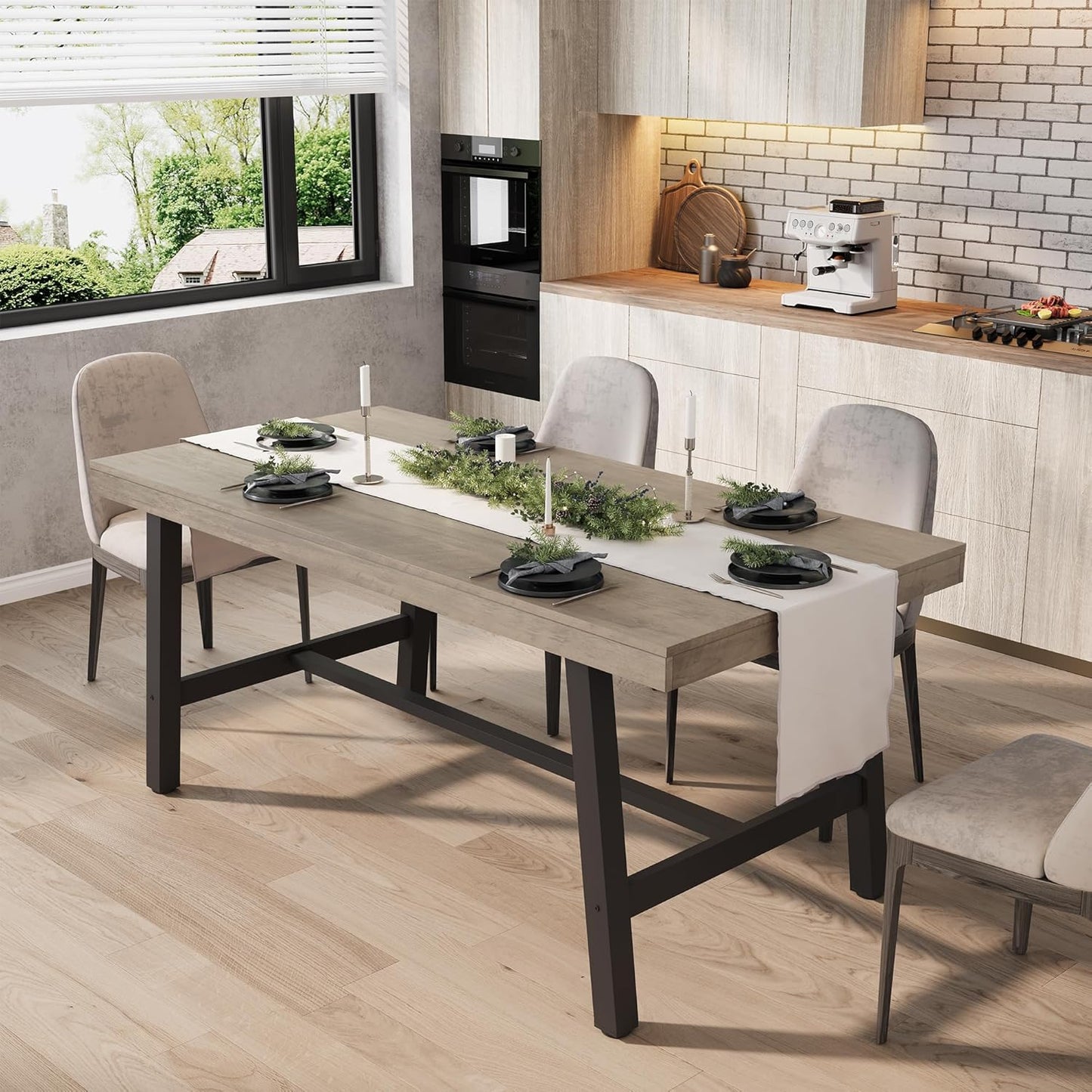 Industrial Dining Table for 4-6 People, 63in Long Wooden Table