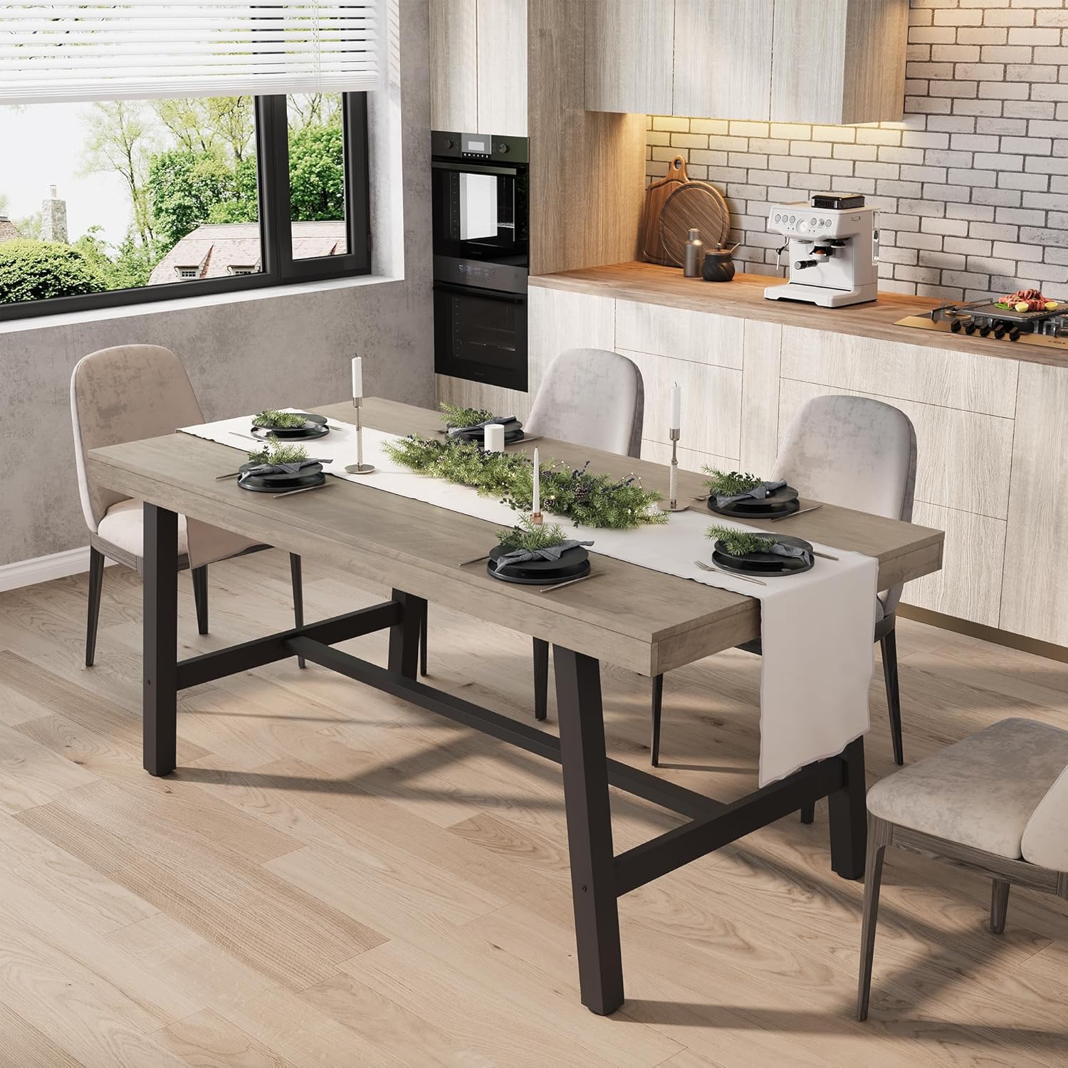 Industrial Dining Table for 4-6 People, 63in Long Wooden Table