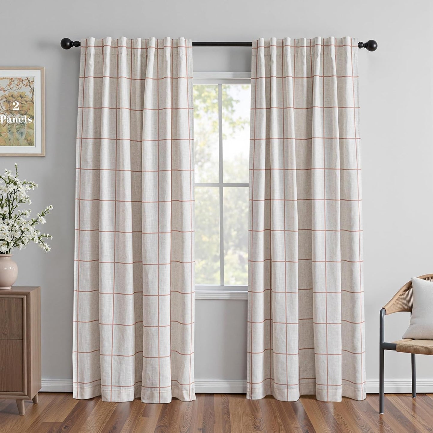 100% Blackout Plaid Farmhouse Linen Curtains for Living Room
