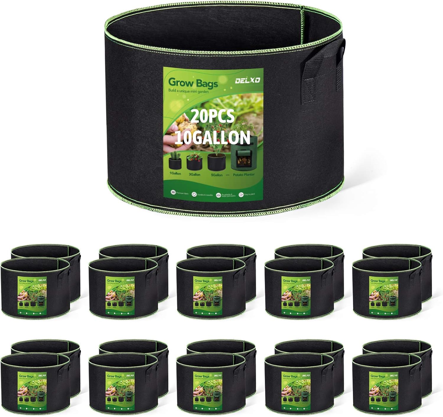 Delxo 20-Pack 10 Gallon Heavy Duty Aeration Plant Grow Bags