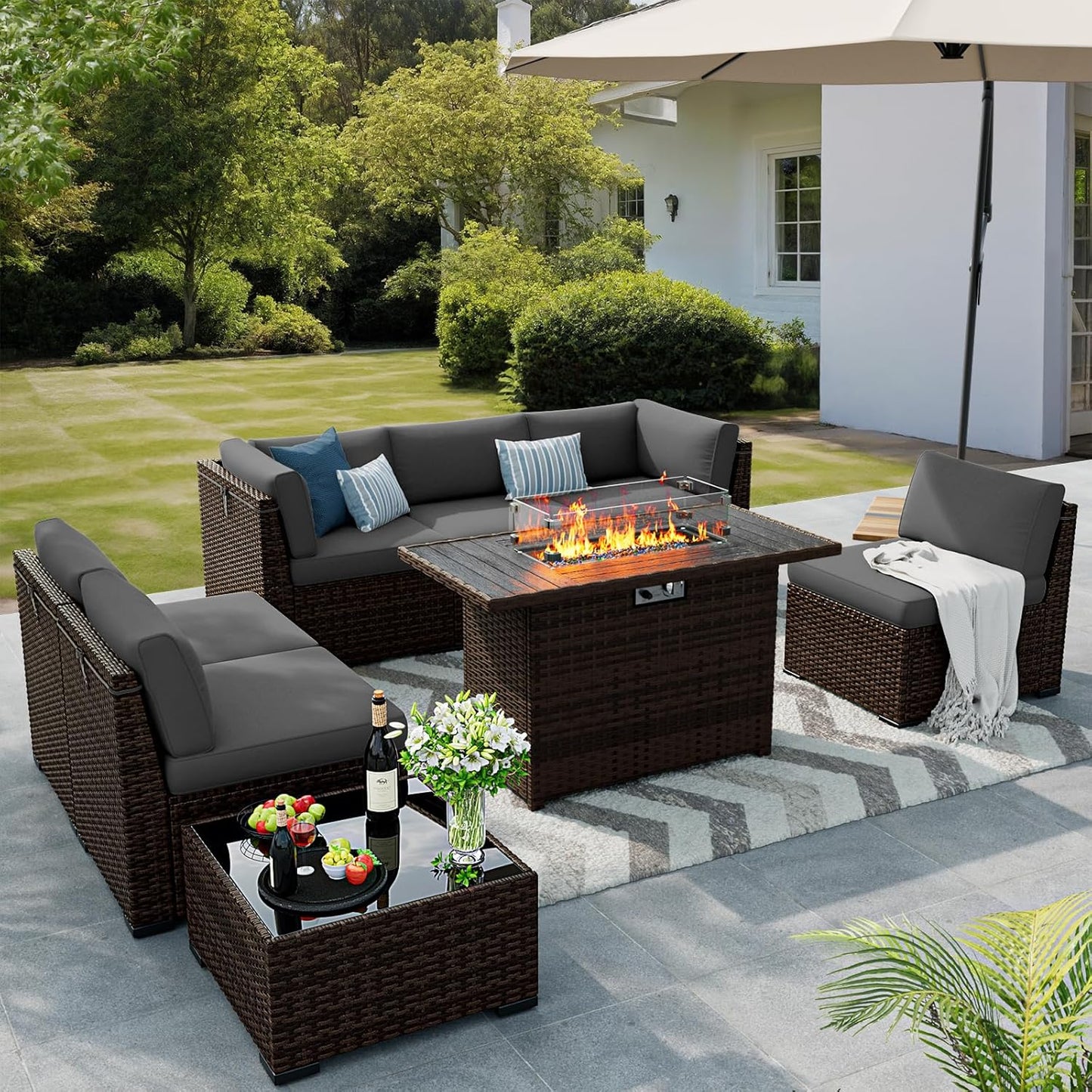 8 Pieces Outdoor Patio Furniture Set with Fire Pit Table