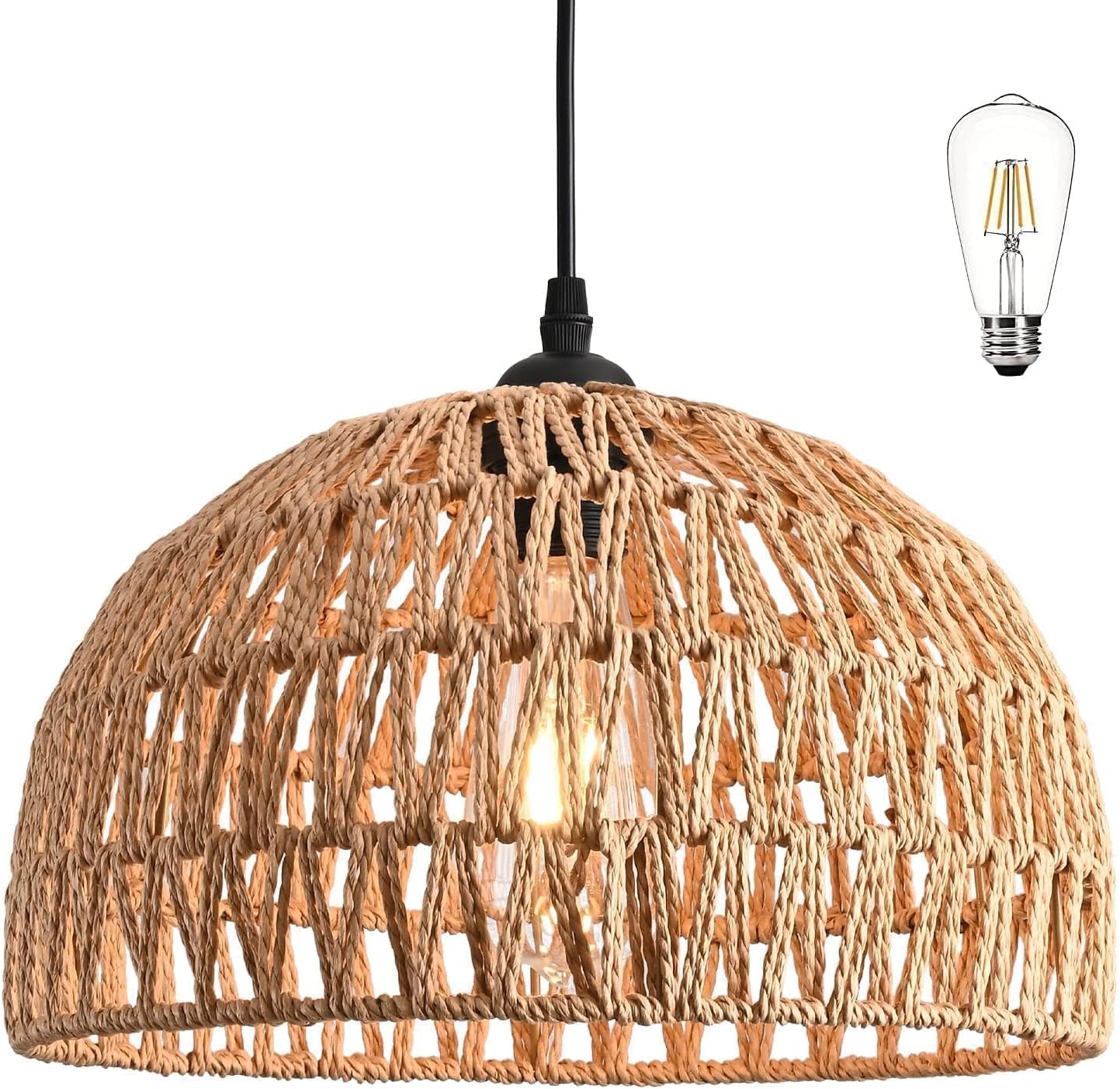 Hemp Rope Woven Pendant Light Fixture for Dining Room and Kitchen