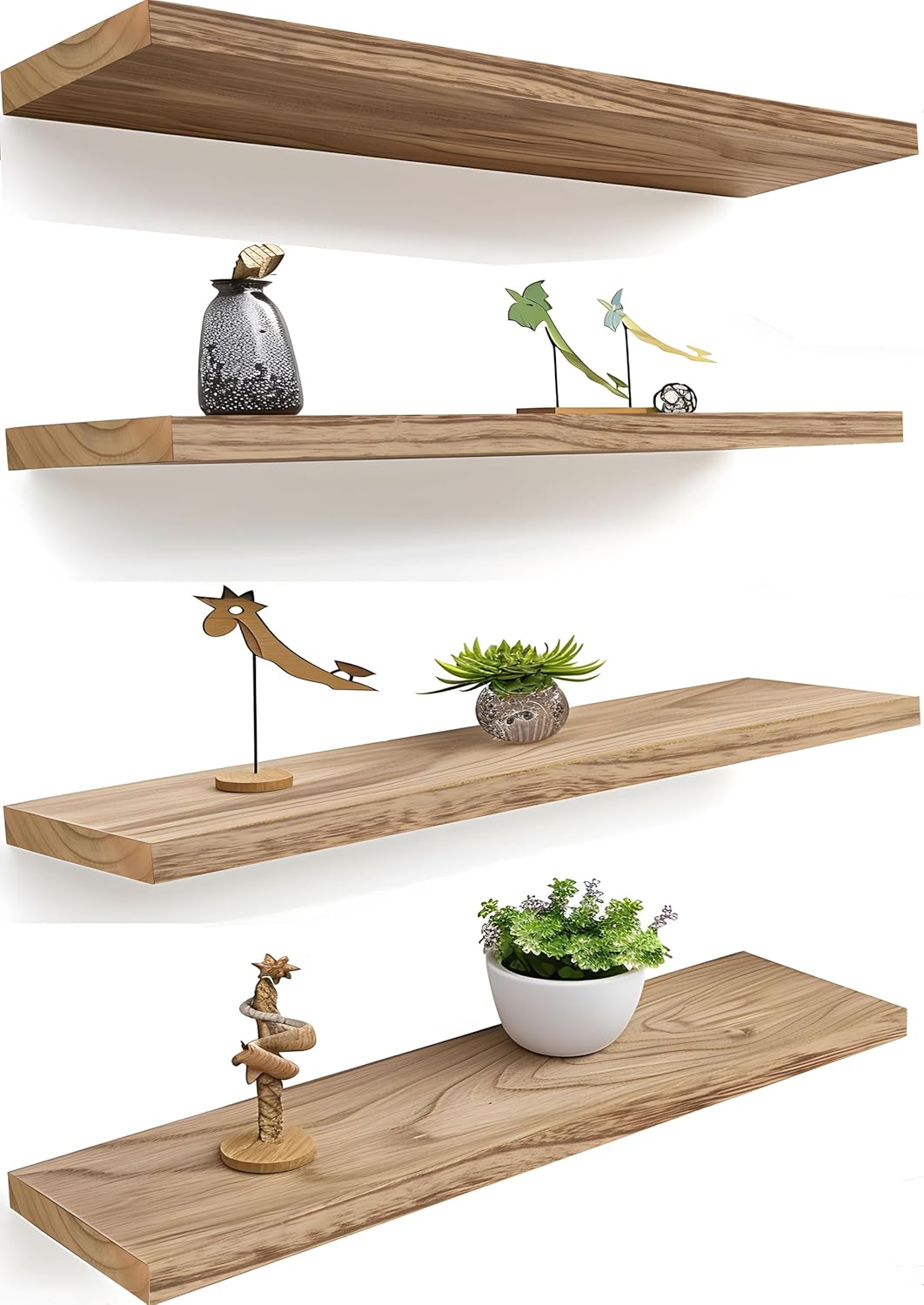 24 Inch Light Wood Floating Shelves for Wall - Rustic Set of 4