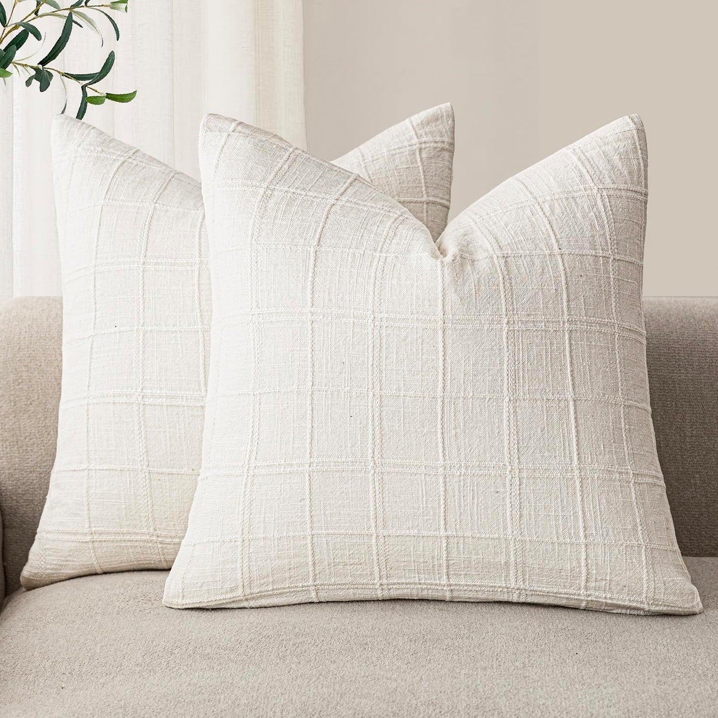 Foindtower Decorative Linen Check Throw Pillow Covers for Home