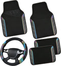 Black & Reflective Leather Steering Wheel Cover and Car Mats - Sporty