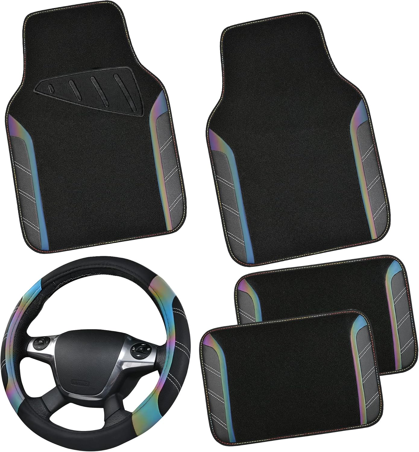 CAR PASS Leather Steering Wheel Cover and Floor Mats Combo