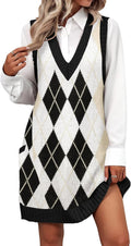 V Neck Sweater Vest Dress - Oversized Knit Tank with Pockets