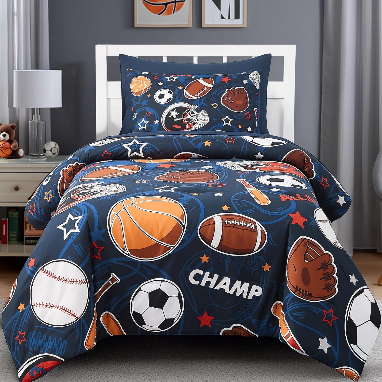 Twin Comforter Set for Boys with Sports Ball Games Glow Design