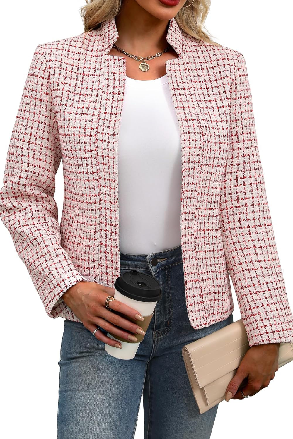 ELLEVEN Womens' Tweed Blazer Long Sleeve Jacket for Work