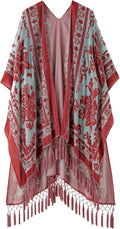 Women's Burnout Velvet Kimono Long Cardigan with Tassel - Elegant
