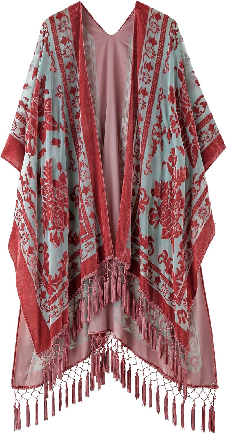 MJ SERECA Women's Burnout Velvet Kimono Long Cardigan Cover Up