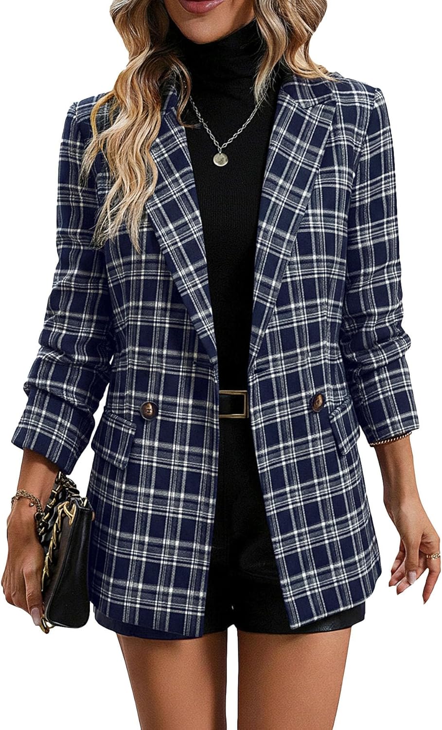 Mina Self Women's Plaid Houndstooth Blazer Jacket for Fall