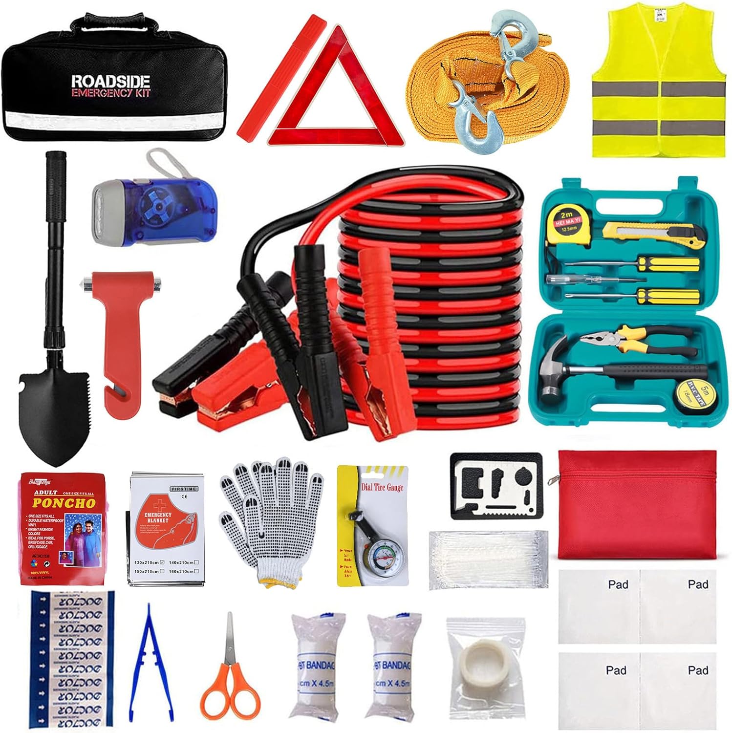 Car Emergency Roadside Tool Kit with Jumper Cable and Shovel