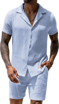 URRU Mens 2 Piece Outfits Summer Short Sleeve Shirt and Shorts Set
