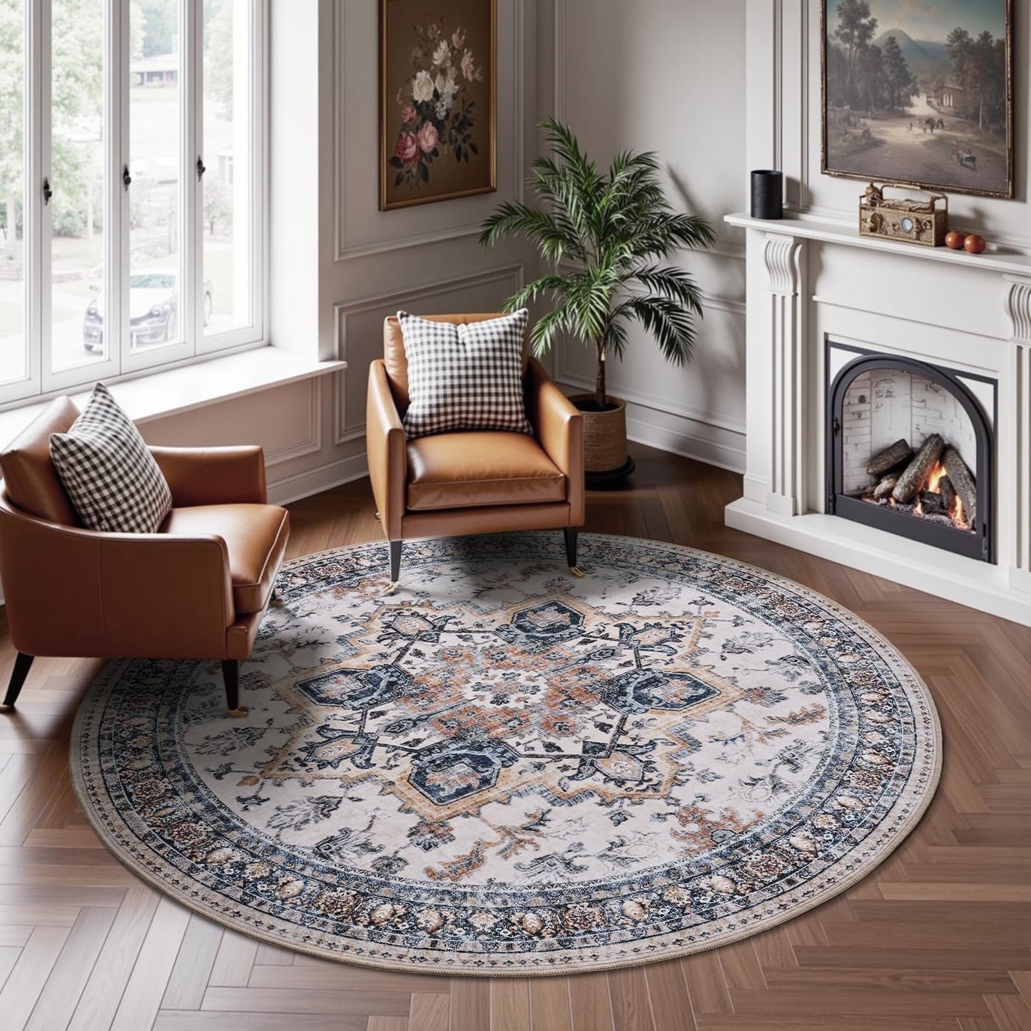 6 ft Round Rugs for Living Room and Bedroom Soft Vintage Style