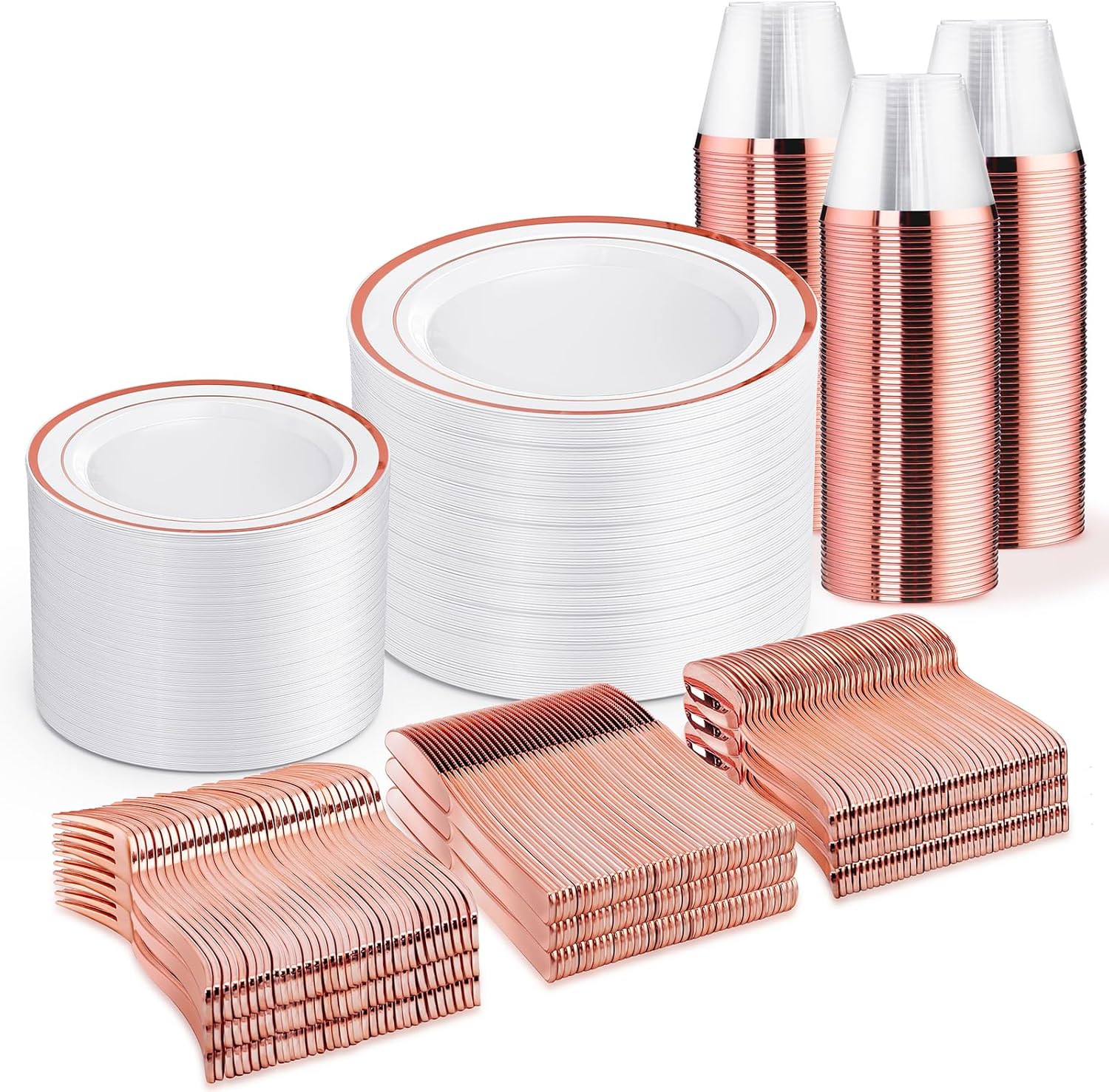 WELLIFE 600 PCS Rose Gold Disposable Dinnerware Set for Events