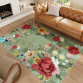 Washable Floral Area Rug 5x7 Green Low-Pile Non-Slip - Soft Vintage