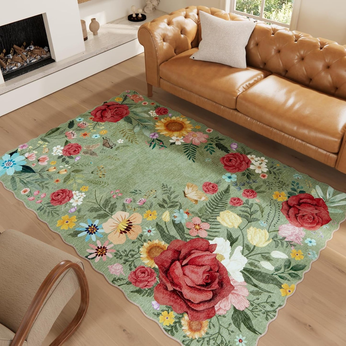 Washable Floral Area Rugs for Living Room - Soft Non-Slip Design