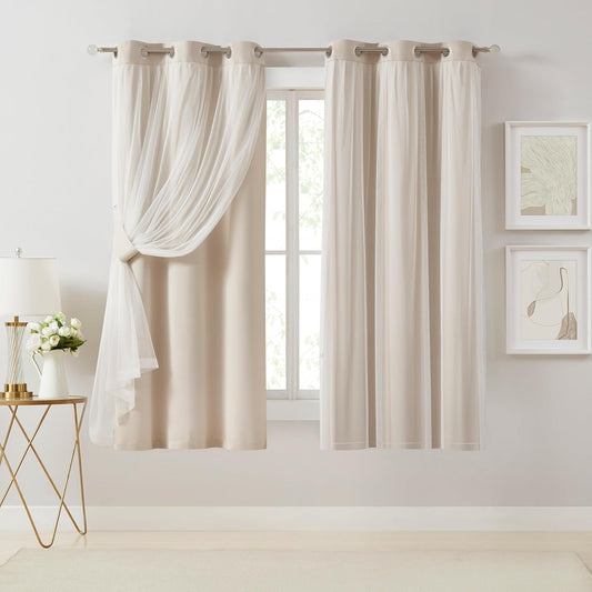 Bujasso Beige 80% Blackout Curtains with Sheer Overlay Panels
