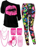 80s Women Costume Set with Lips Print Off Shoulder T-Shirt - Retro