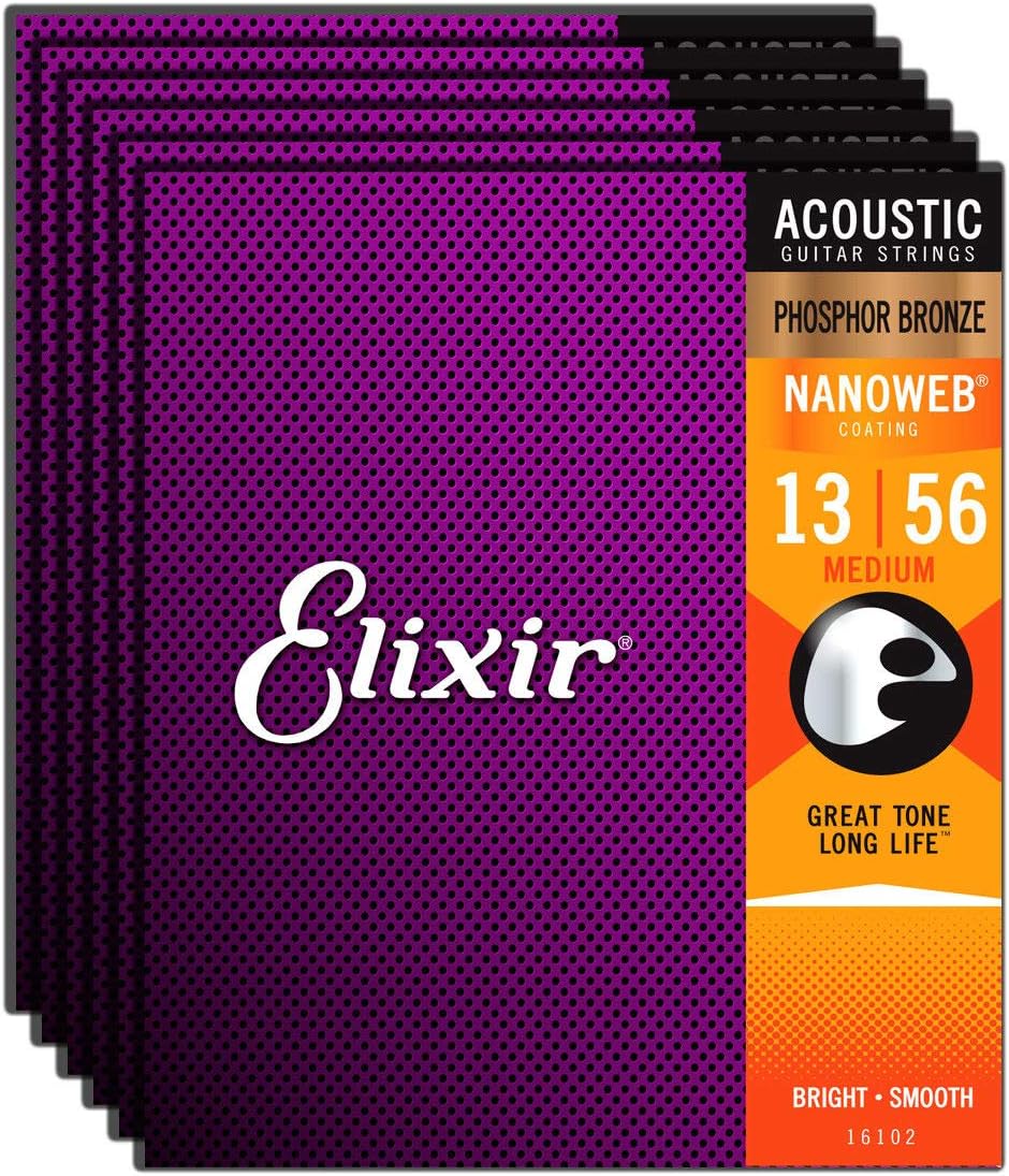 Elixir Phosphor Bronze Nanoweb Acoustic Guitar Strings 6-Pack