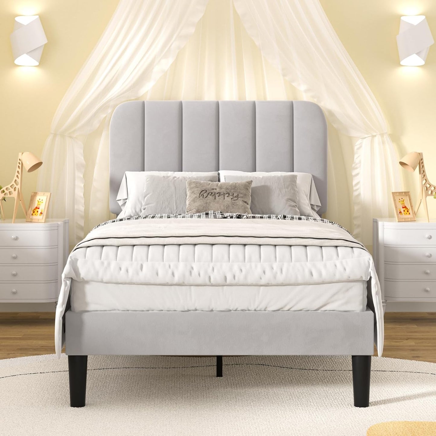 VECELO Twin Size Bed Frame with Upholstered Headboard in Grey