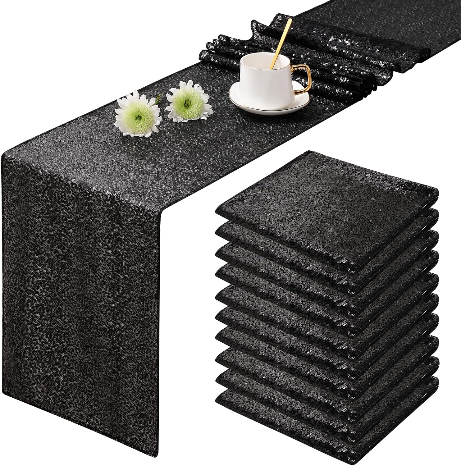 Sequin Table Runners for Party and Wedding - 10 Pcs Black